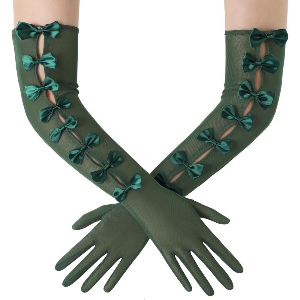 Women's Princess Green Long Sleeves Gloves Bow Lace Mesh Tulle Party Prom